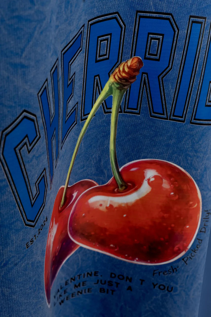 Bellbum Cherries Oversized T-Shirt Blue 240 GSM Cotton