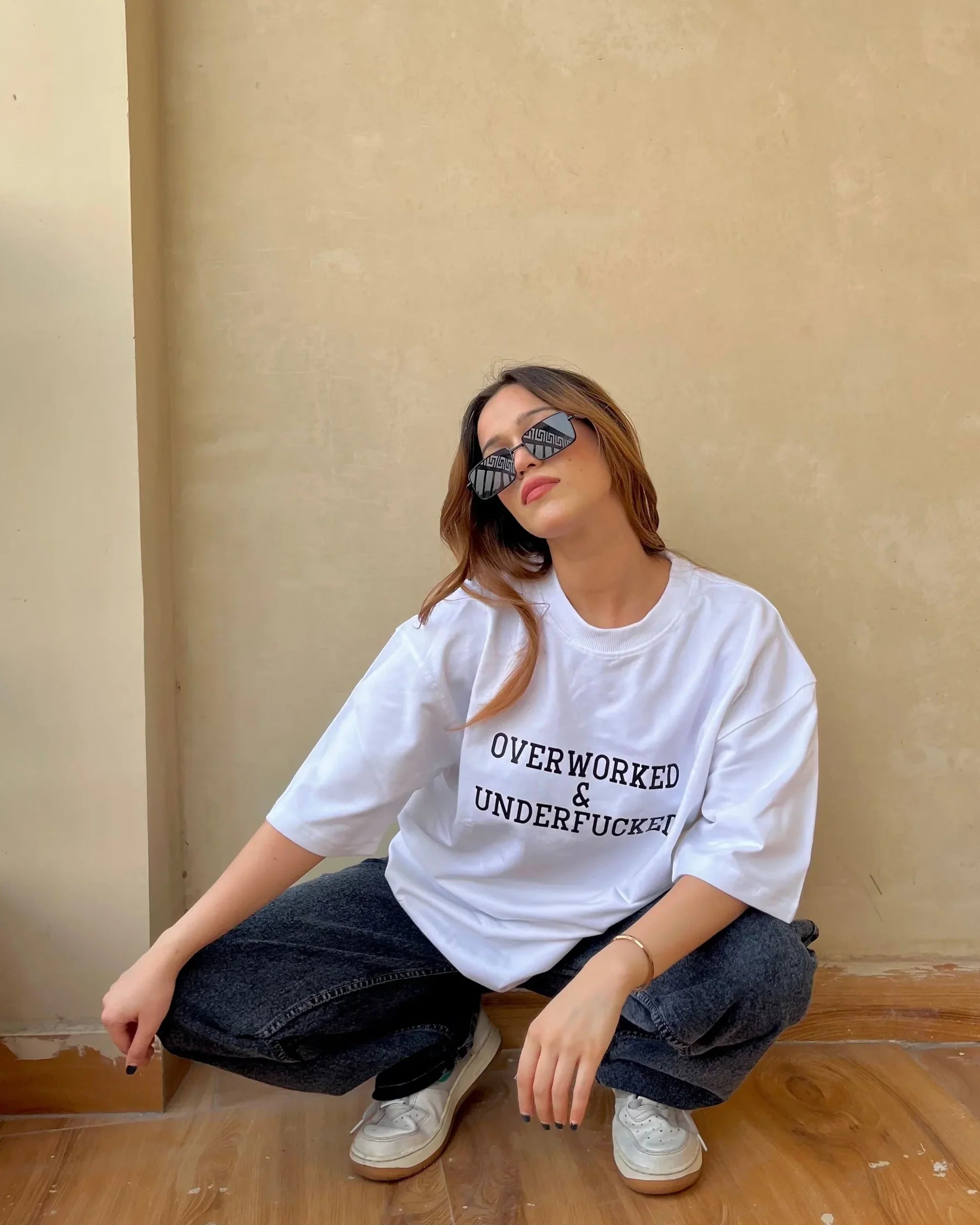 Overworked & Underf*cked Slogan Oversized Tee | Beige Unisex Cotton Streetwear